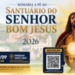 Romaria a pé ao Santuário de Bom Jesus de Pirapora 2026, no dia 04/09. A imagem retrata o Bom Jesus sobre a cidade de Pirapora, e a ambola com a Hostia Consagrada a Frente.