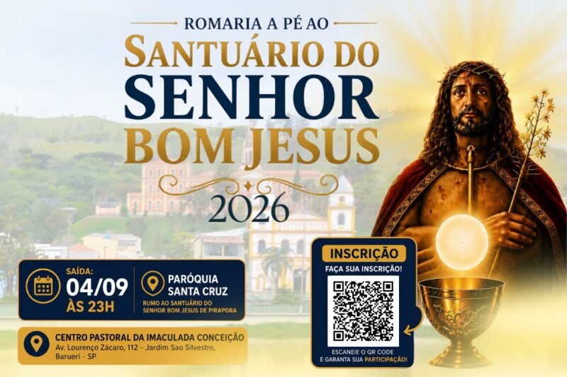 Romaria a pé ao Santuário de Bom Jesus de Pirapora 2026, no dia 04/09. A imagem retrata o Bom Jesus sobre a cidade de Pirapora, e a ambola com a Hostia Consagrada a Frente.
